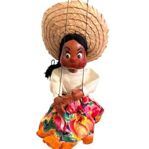 Vintage Mexican Marionette String Puppet Girl Straw Hat Floral Skirt Folk Art